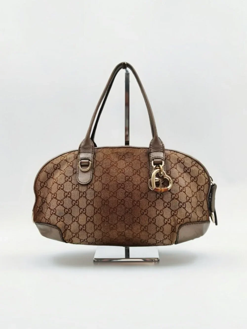 Gucci GG Monogram Canvas Boston Shoulder Bag Brown Leather Heart Charm